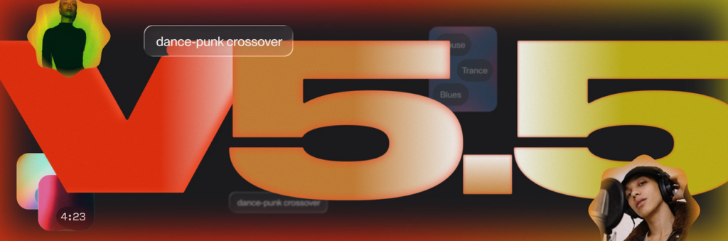 Colorful graphic displaying V5.5 with music genre tags like dance-punk, representing suno v5.5 custom models output.