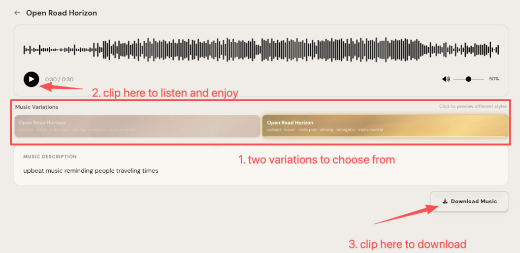 Step-by-step process on how to make music for videos: preview audio variations, listen, and download the track.
