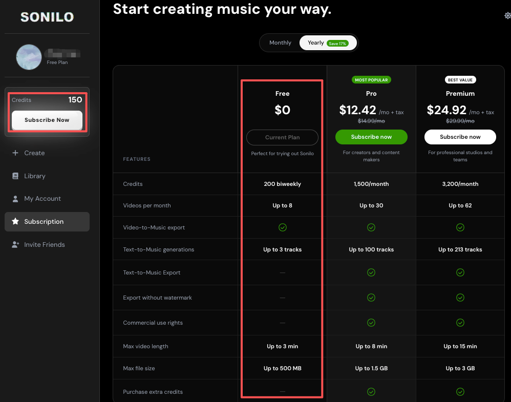 Pricing page showing the free tier of Sonilo, highlighting it as an affordable mureka v9 alternative.