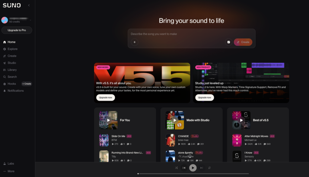 The new Suno v5.5 dashboard interface used to generate a custom suno for video soundtrack.