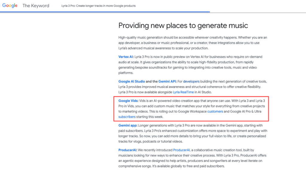 Google blog post showing Lyria 3 Pro integration in Vids, a key factor in the lyria 3 pro vs udio debate.