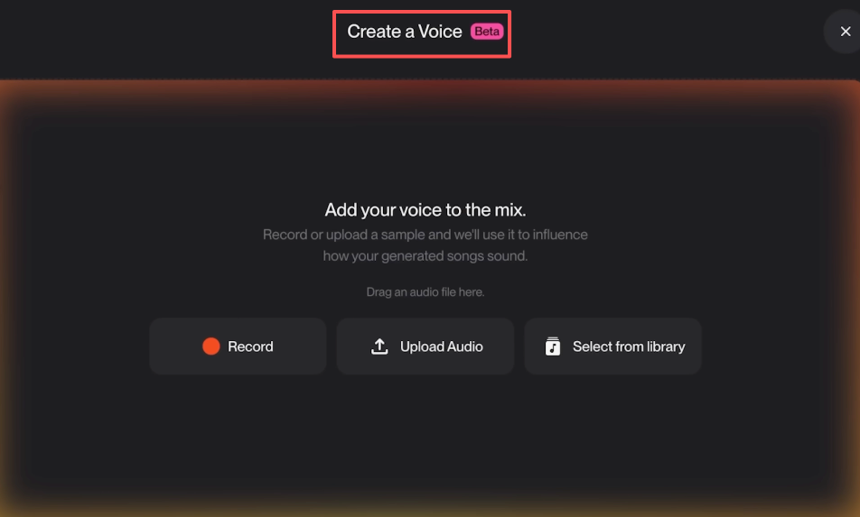 The beta interface to create suno v5.5 voices by recording, uploading audio, or selecting samples to mix your custom sound.