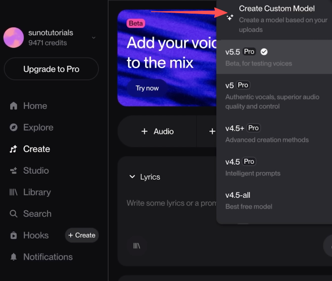 A cursor clicks Create Custom Model in the app menu to start building suno v5.5 custom models for music generation.