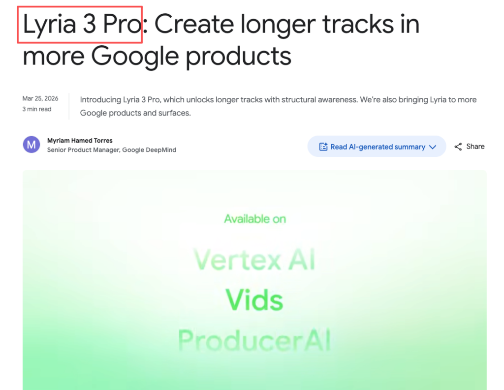 Google announcement showing longer track capabilities when comparing lyria 3 pro vs suno.