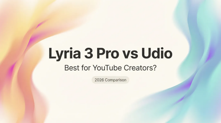 Title card for a 2026 creator guide comparing ai music generators, focusing on lyria 3 pro vs udio.
