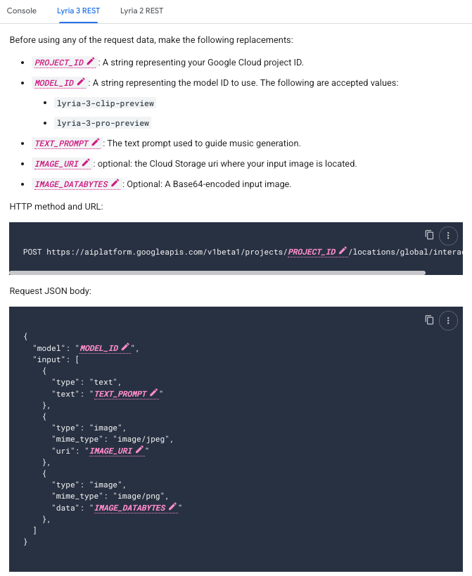 Developer view of Lyria 3 REST API JSON code, powering ai music for video creators 2026 workflows.