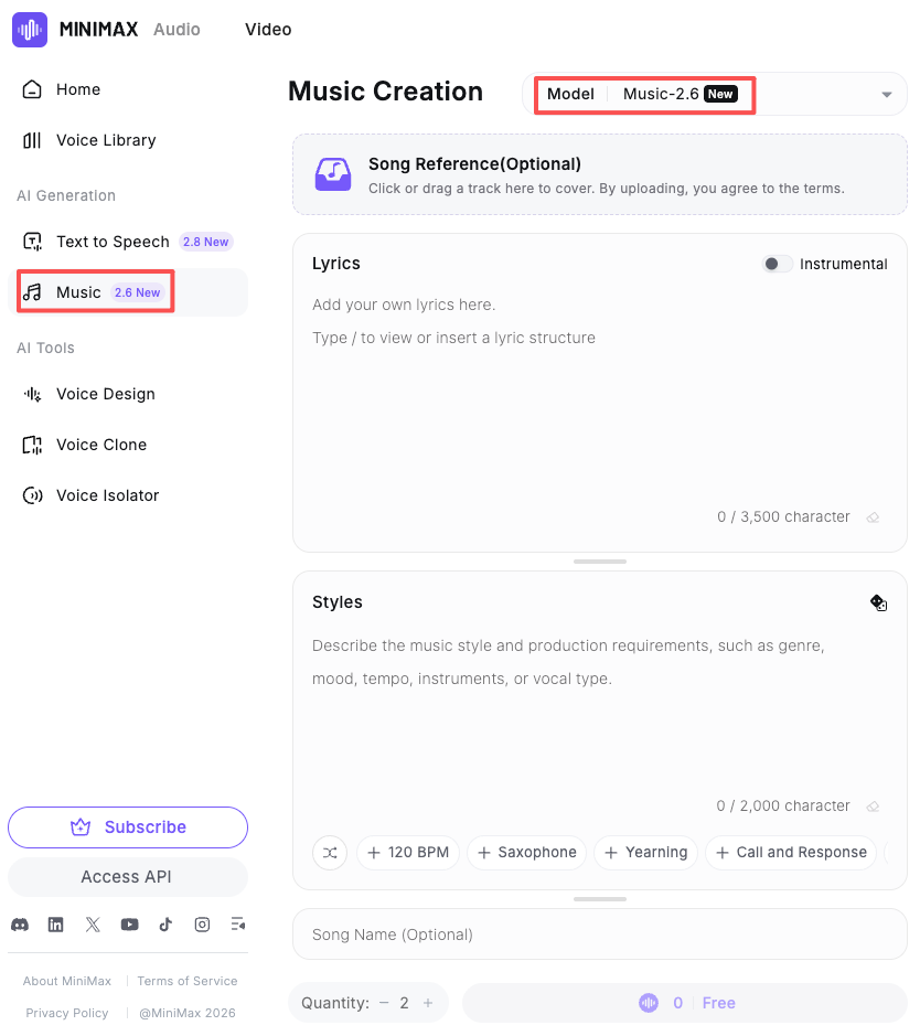 MiniMax audio dashboard using the new model before finding a minimax music 2.6 alternative online.