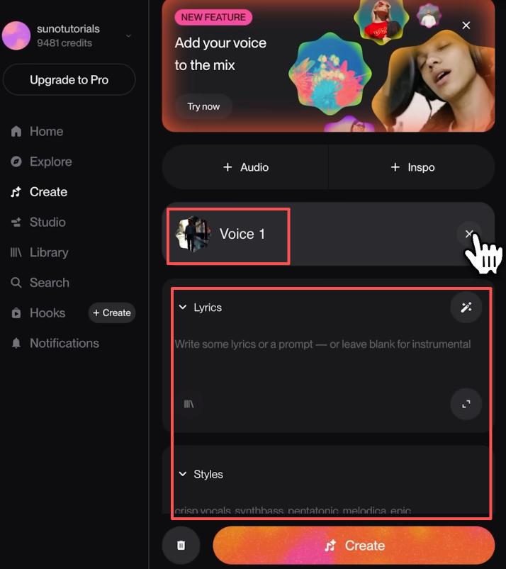 The Suno creation dashboard showing lyrics and styles with custom suno v5.5 voices successfully added to the new music mix.