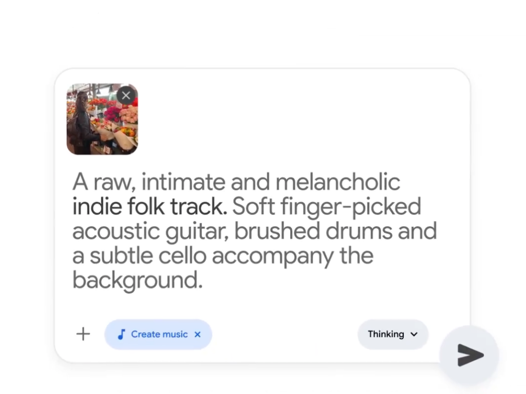 Using an image and text prompt to create an indie folk music track within the lyria 3 pro google vids tool.