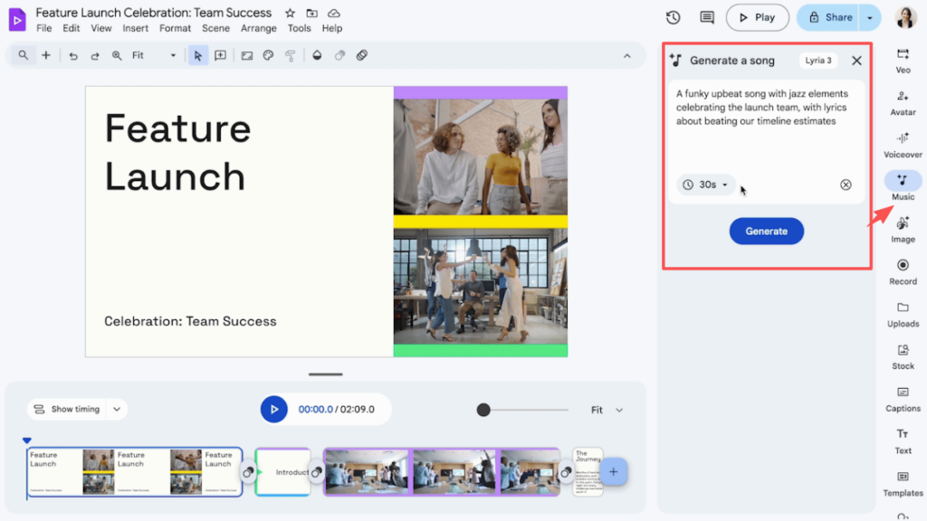 Interface showing how to generate custom music using lyria 3 pro google vids for a feature launch presentation.