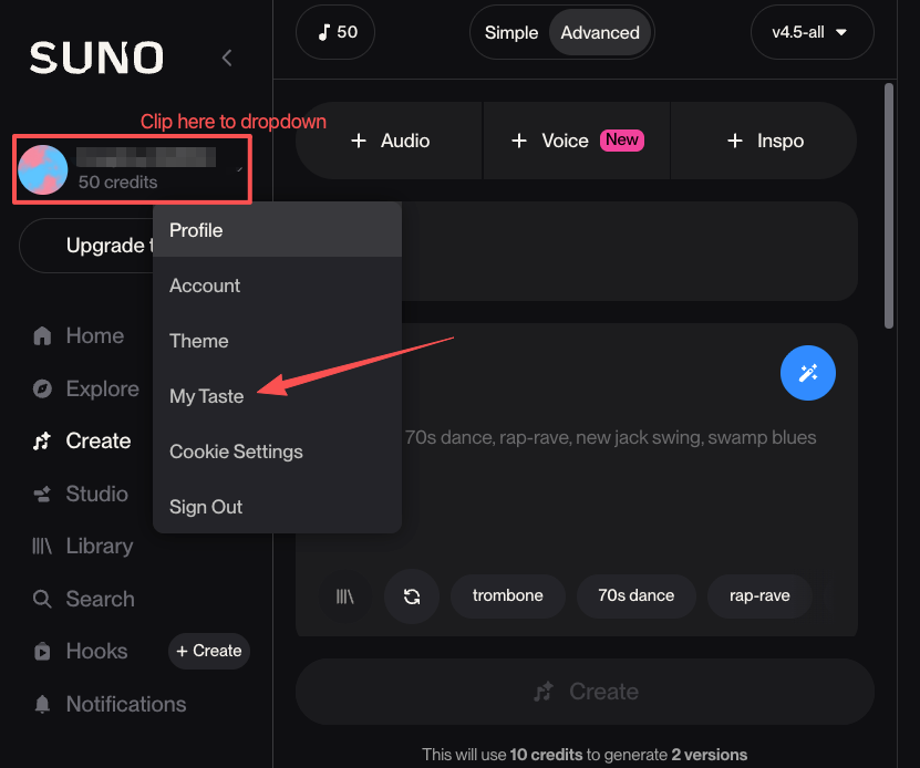 Accessing the My Taste profile settings to customize audio outputs when using a top-rated Suno v5.5 alternative platform.