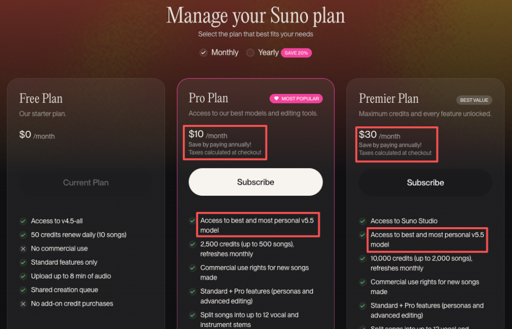 Suno pricing page highlighting the Pro and Premier subscription plans required to unlock suno v5.5 custom models.