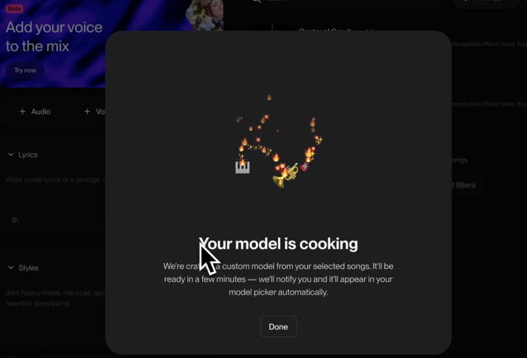 A modal stating your model is cooking, indicating the system is actively generating your suno v5.5 custom models.