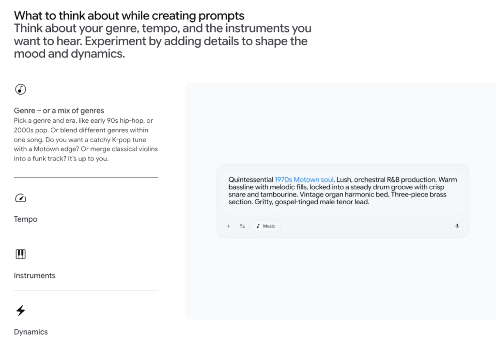 Explore what to consider like genre, tempo, and instruments when creating detailed lyria 3 pro prompts for Motown soul.