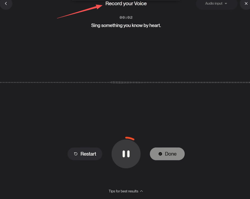 The record interface prompting users to sing something they know by heart to generate custom suno v5.5 voices for AI songs.