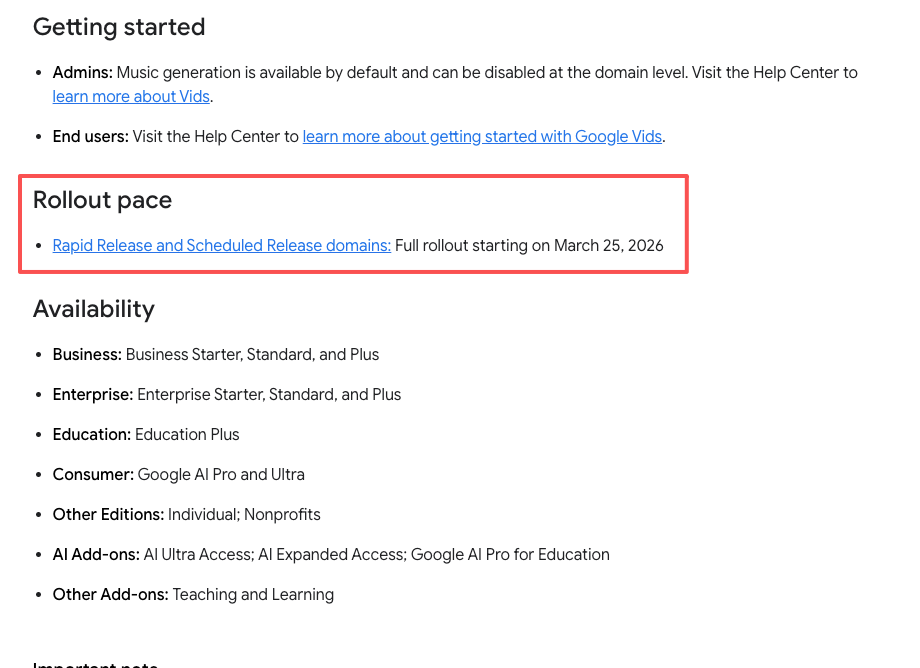 Official release date and workspace availability details for the new lyria 3 pro google vids integration.