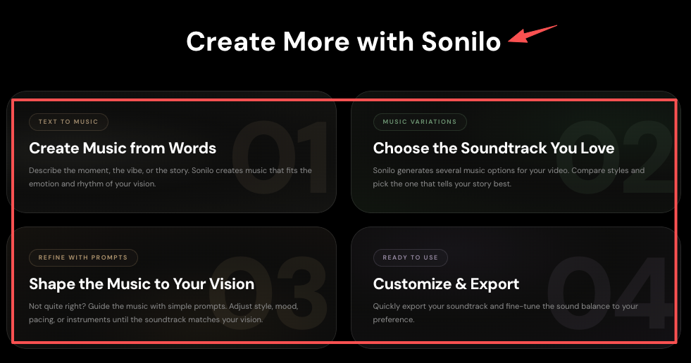 Explore key Sonilo features, including creating music from text prompts, choosing soundtrack variations, and custom exports.