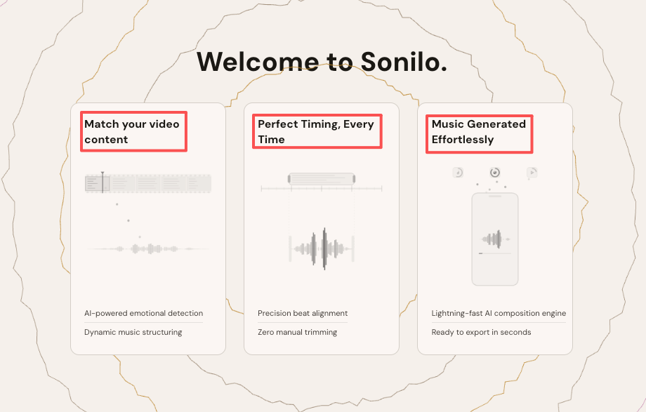 Welcome to Sonilo ComfyUI feature list showing video matching, perfect beat timing, and effortless AI music generation.