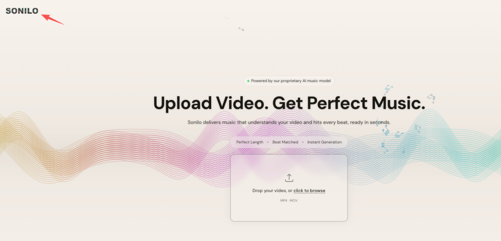 Sonilo homepage offering video-to-music generation as the top minimax music 2.6 alternative tool.