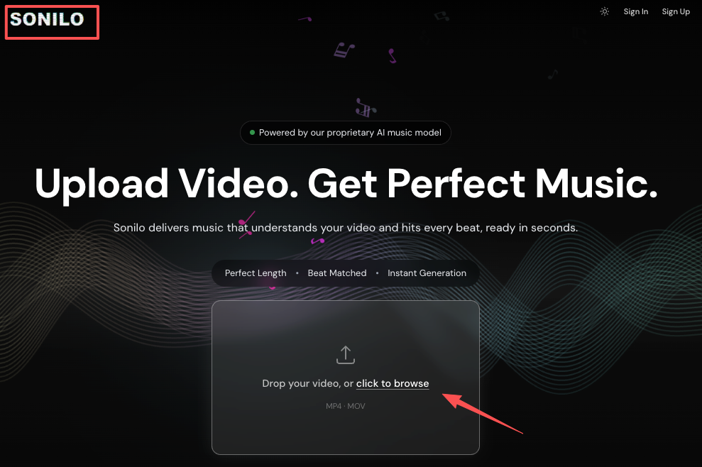 The Sonilo homepage interface allows users to easily upload a video file to generate perfectly matched AI music in seconds.