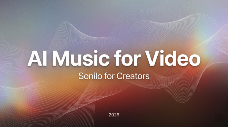 Sonilo introduces its AI music generation tool for video creators on a modern, colorful abstract background slide for 2026.