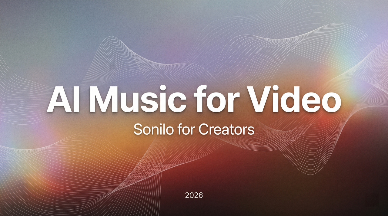 Sonilo introduces its AI music generation tool for video creators on a modern, colorful abstract background slide for 2026.