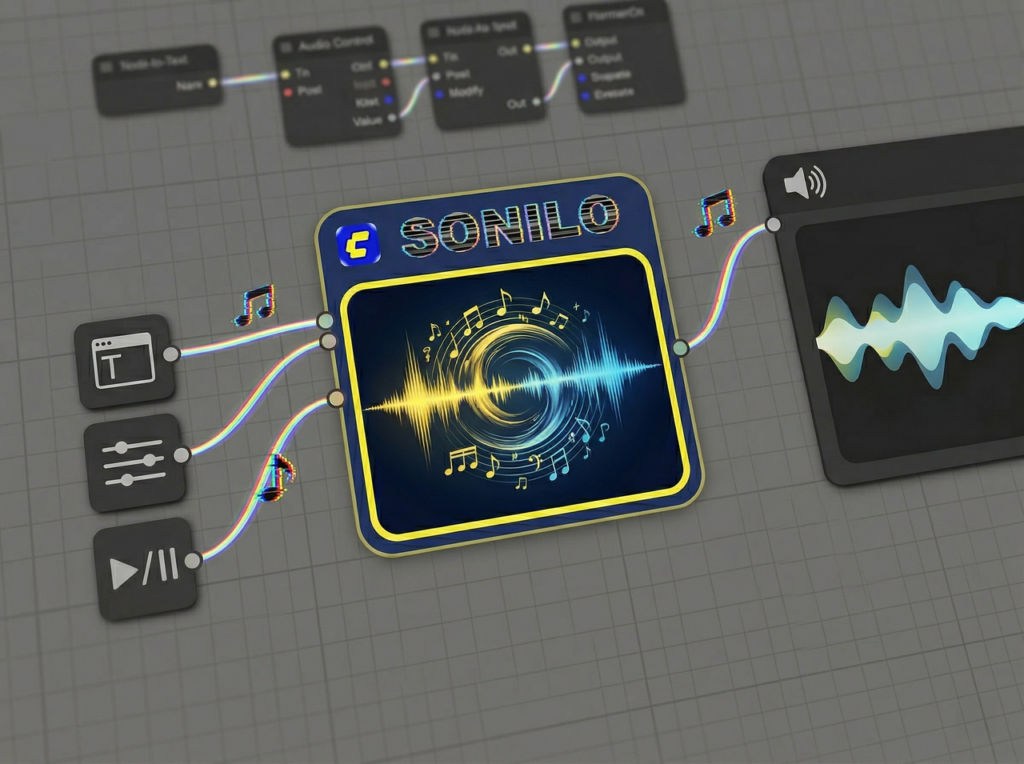 A close-up view of the Sonilo ComfyUI node interface, connecting text inputs to audio waveform outputs for generation.