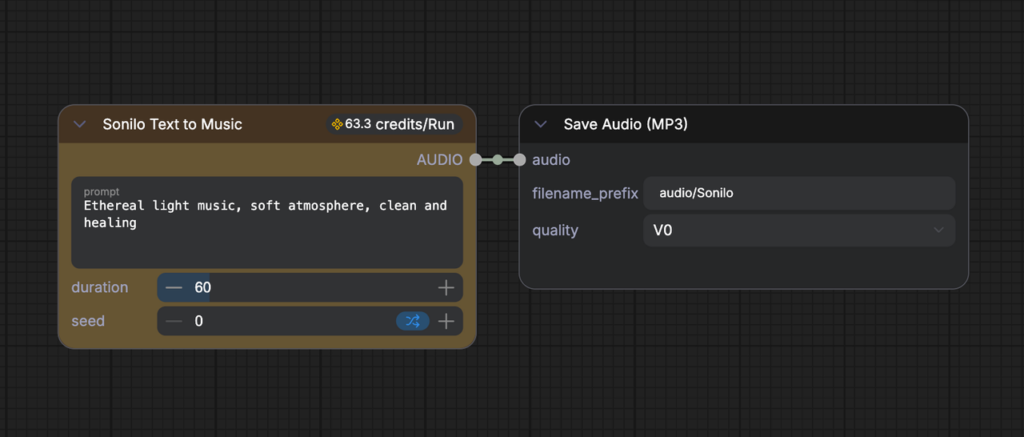 Close-up of the Sonilo ComfyUI text to music node generating ethereal light music and saving it as an MP3 file.