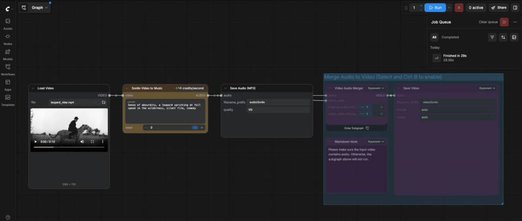 A complete Sonilo ComfyUI workflow demonstrating video to music generation and audio merging capabilities in the app.