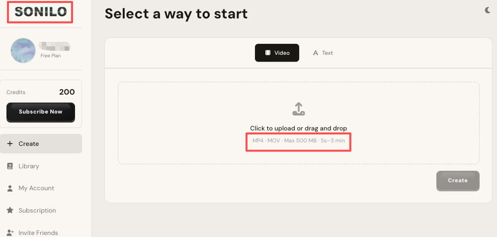 Upload your video to the Sonilo dashboard to start. It supports MP4 and MOV files up to 500 MB and 3 minutes in length.