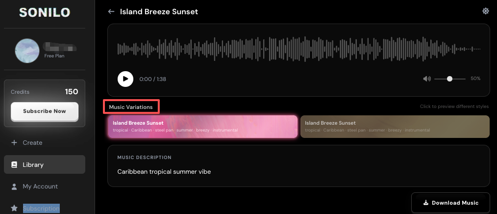 Sonilo generates multiple music variations from your prompt, allowing users to preview and download different audio styles.