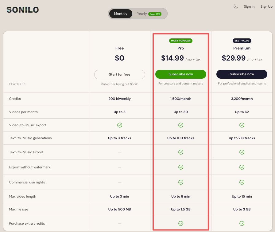 Sonilo Pro plan pricing and features, proving it is a cost-effective minimax music 2.6 alternative.
