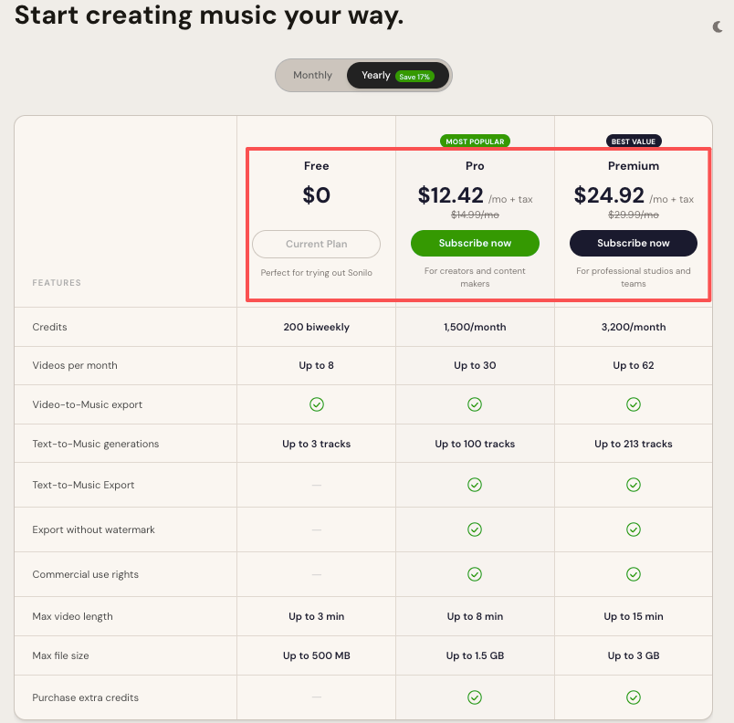 View the Sonilo pricing page comparing the Free, Pro, and Premium subscription plans with monthly costs and feature limits.