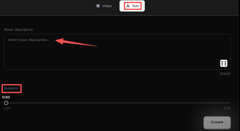 The Sonilo text-to-music interface features a descriptive prompt input box and a slider to adjust the exact track duration.