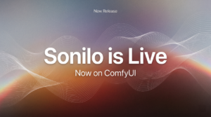 New release banner announcing Sonilo ComfyUI is now live, featuring abstract soundwave graphics on a colorful background.