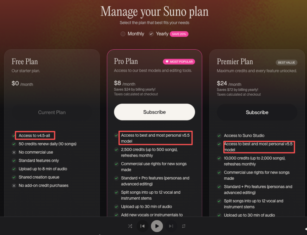 Suno pricing plans highlighting that Pro and Premier tiers include exclusive access to the premium suno v5.5 voices model.