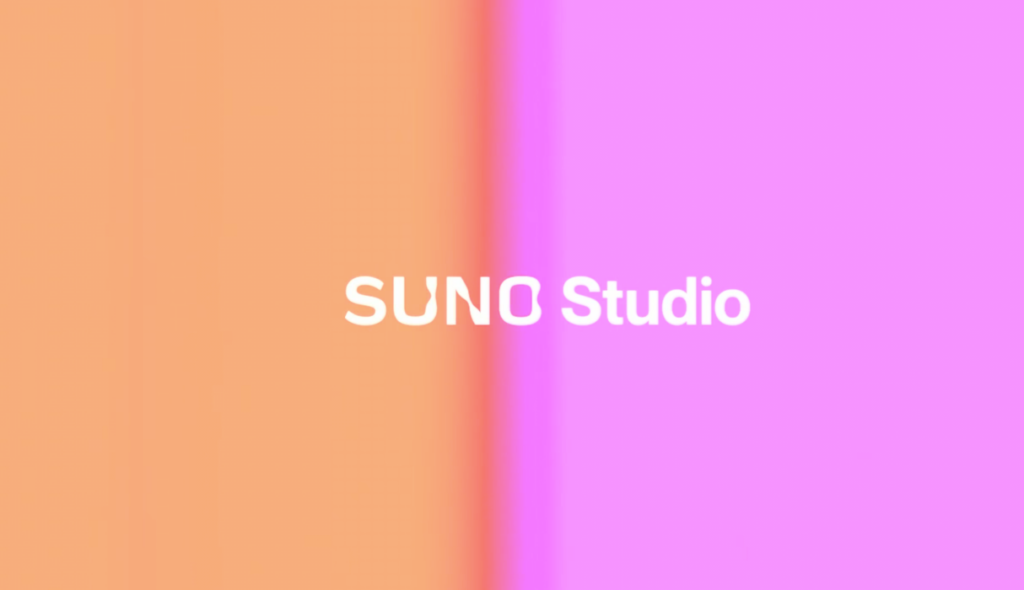 Vibrant pink and orange gradient background displaying the Suno Studio logo, the creative hub for new suno v5.5 voices.