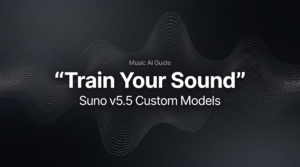 Title card for a music AI guide on how to train your sound using suno v5.5 custom models with abstract sound waves.
