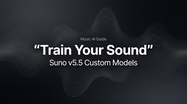 Title card for a music AI guide on how to train your sound using suno v5.5 custom models with abstract sound waves.