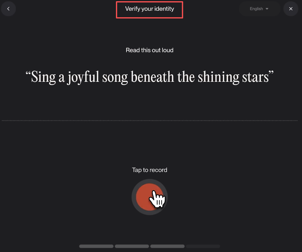 Identity verification screen helping suno v5.5 video creators secure their custom voice models safely.