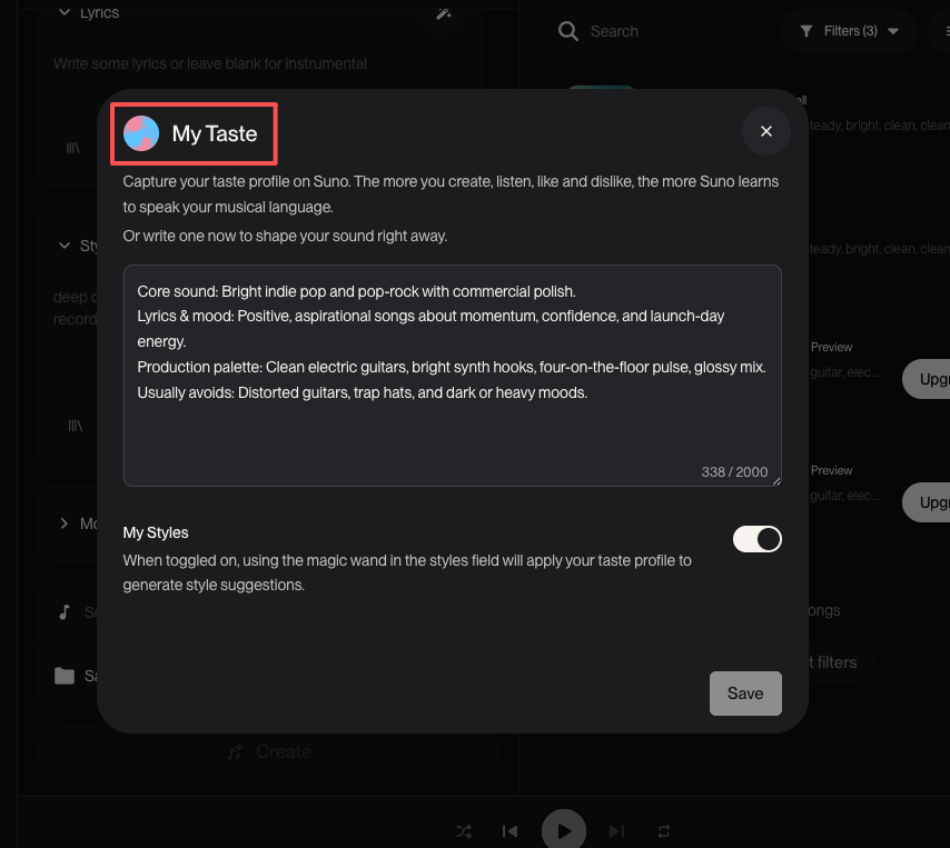 The My Taste profile settings panel helps suno v5.5 video creators define core sounds and production styles.
