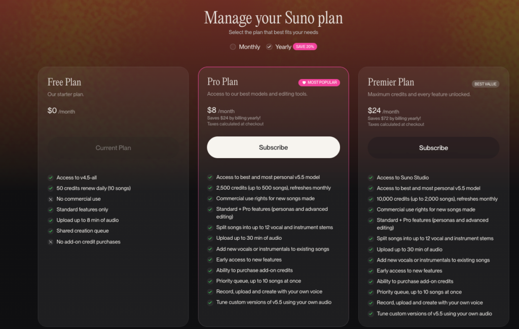 Compare Suno v5.5 pricing tiers including Free, Pro, and Premier plans with subscription costs.