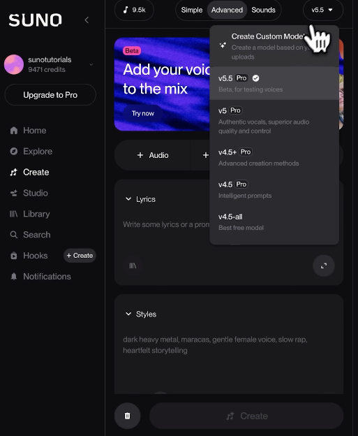 Suno v5.5 vs Lyria 3 Pro UI analysis showing the Suno v5.5 Pro model selection and custom mode menu.