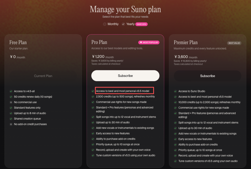 Suno subscription page highlighting the Pro plan benefits and model access for suno v5.5 video creators.