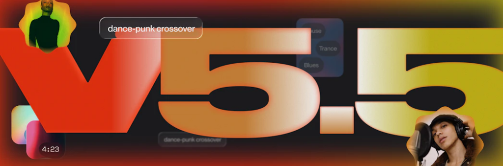 Colorful promotional banner highlighting new features and music styles for suno v5.5 video creators.