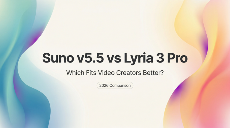 Suno v5.5 vs Lyria 3 Pro comparison title card determining which fits video creators better in 2026.