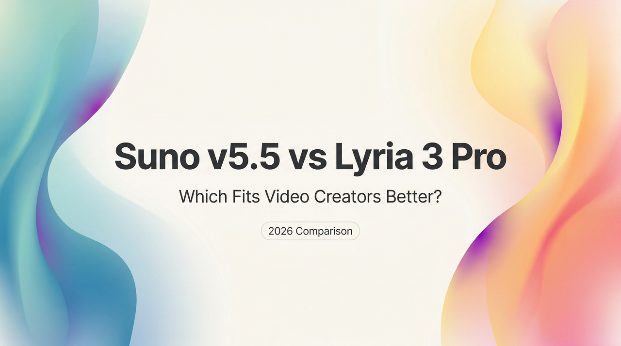 Suno v5.5 vs Lyria 3 Pro comparison title card determining which fits video creators better in 2026.