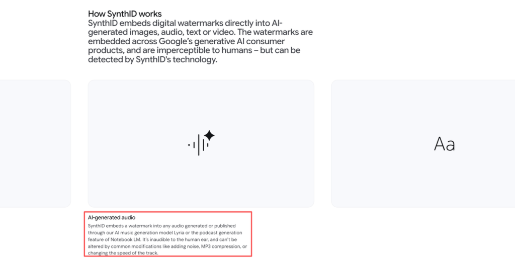 Explanation of SynthID audio watermarking technology, an important safety aspect in lyria 3 pro vs udio.