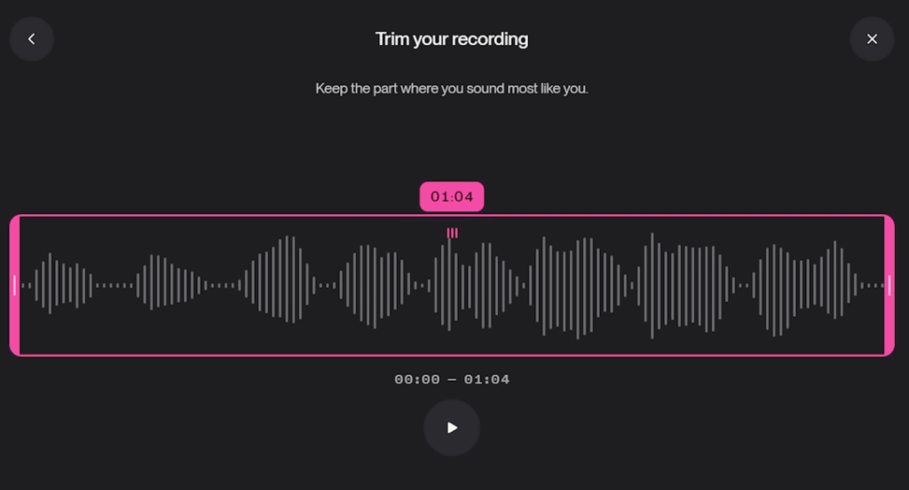 Audio trimming tool interface allowing users to select the best audio segment for their custom suno v5.5 voices generation.
