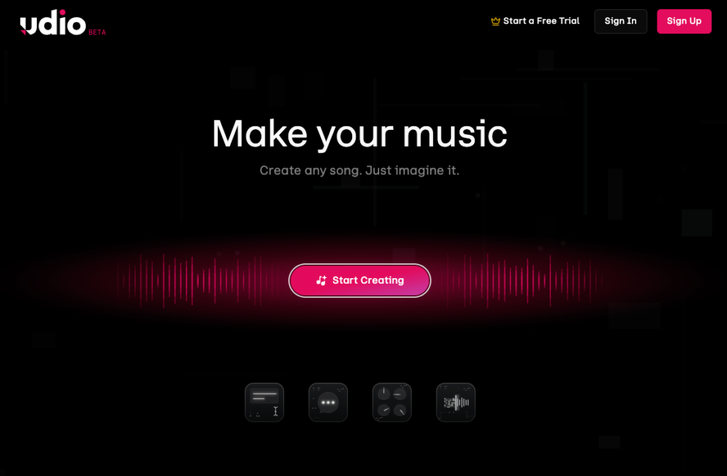 The dark-themed Udio beta homepage with a start creating button, analyzed in our lyria 3 pro vs udio review.